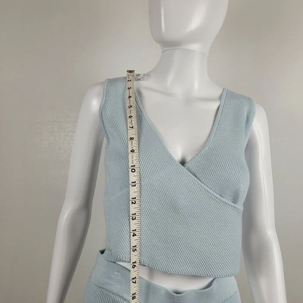JustFab Ribbed Knit Skirt Set Womens Light Blue Excellent Wrap Crop Top - Large